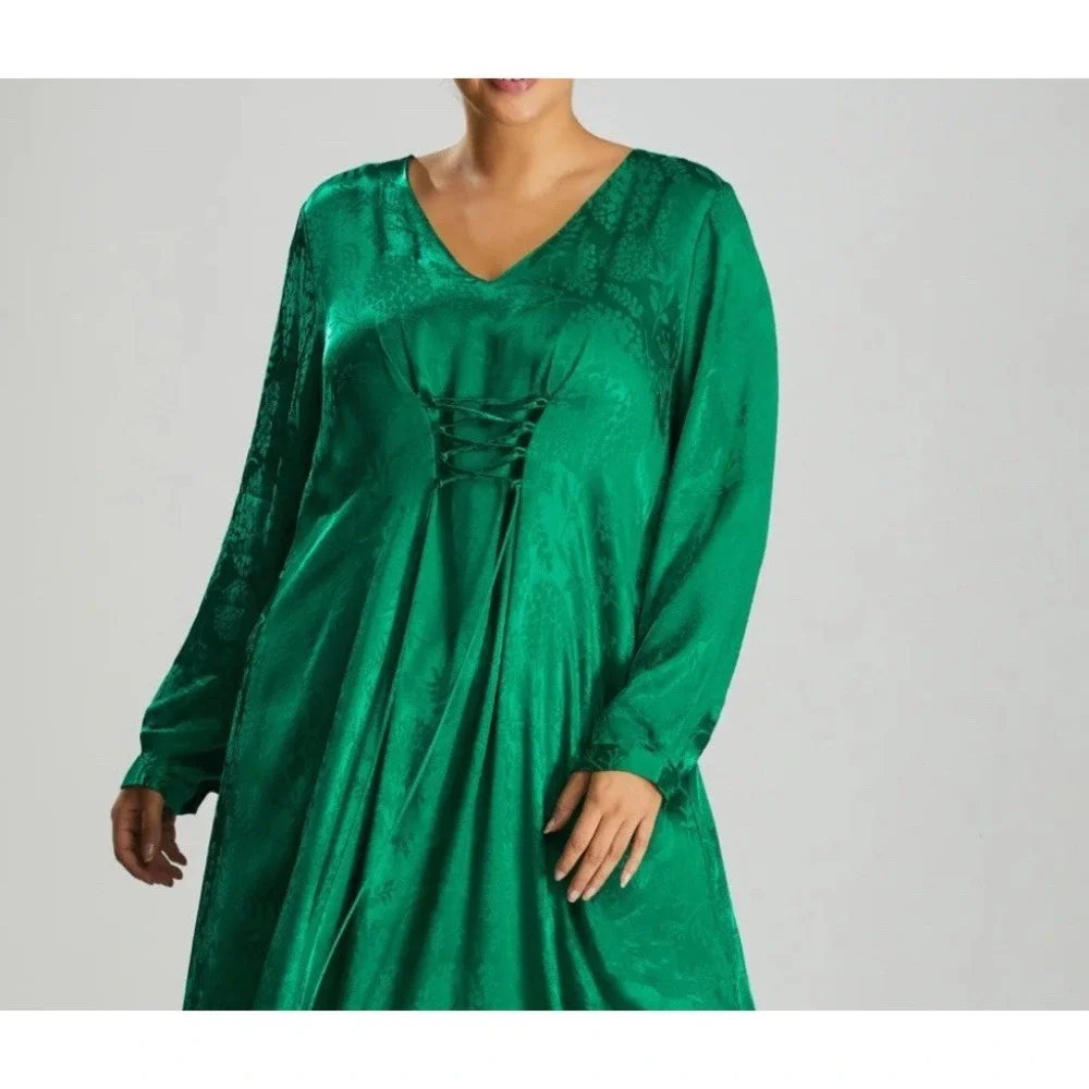 ESTELLE‎ SATIN New Green Point Maxi Dress Kelly Green Size 16 Tie Front #28